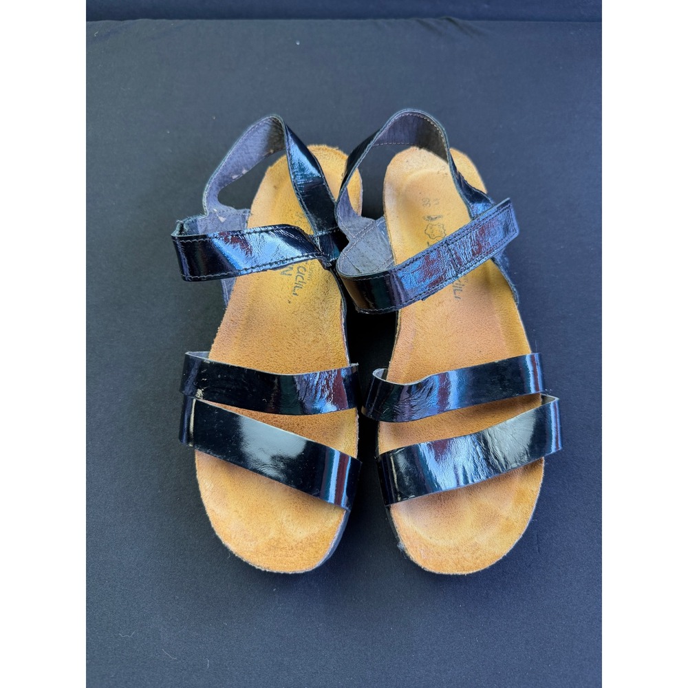 Naot Kayla Black Patent Leather Sandals Size 39 US 8 Comfort Wedge Strappy Shoes